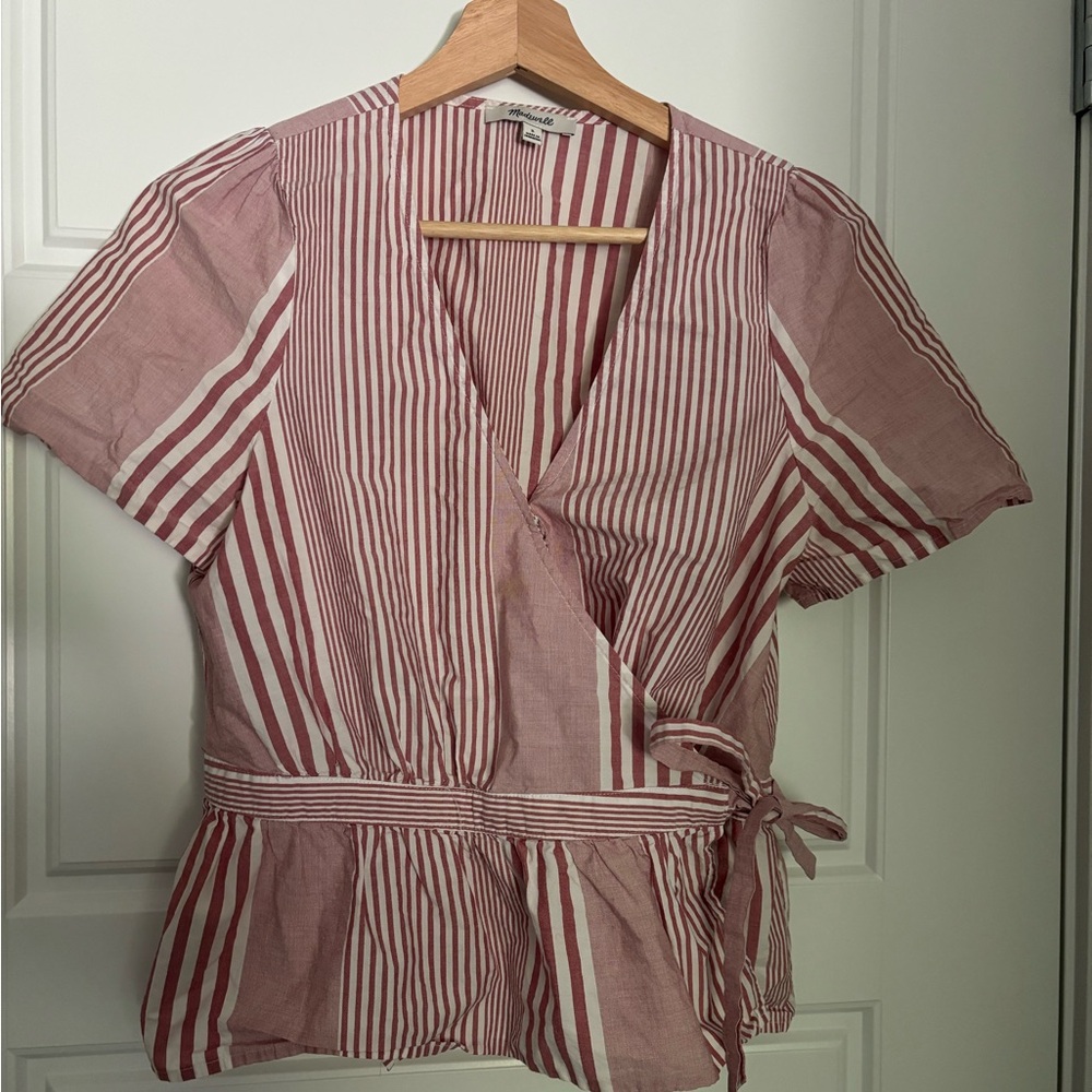 Madewell Pink and White Wrap Peplum Top